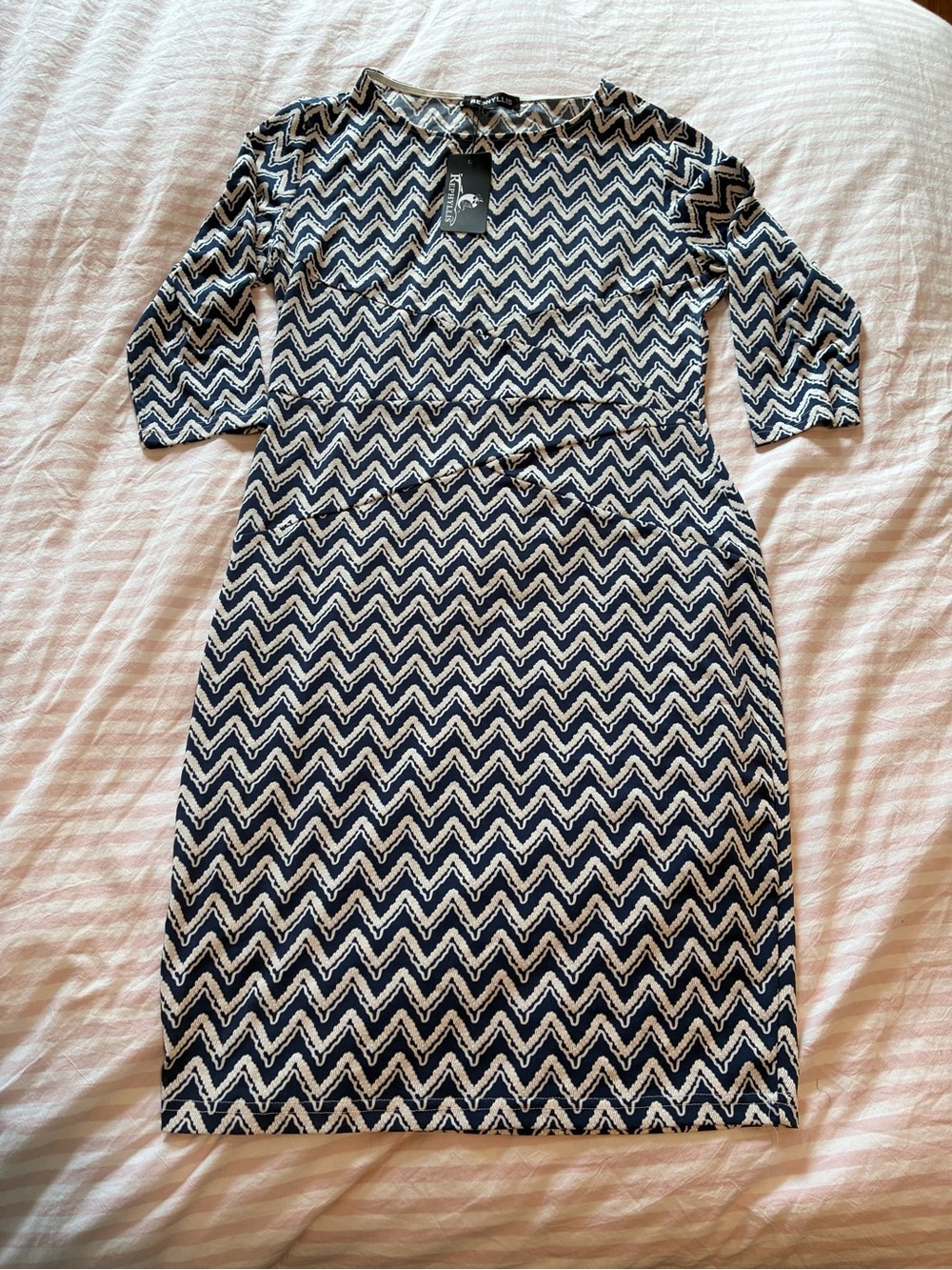 Chevron-Print Navy and White Midi Dress